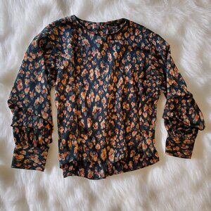 ZARA BASIC abstract satin long roomy ruched sleeve blouse tan red black white